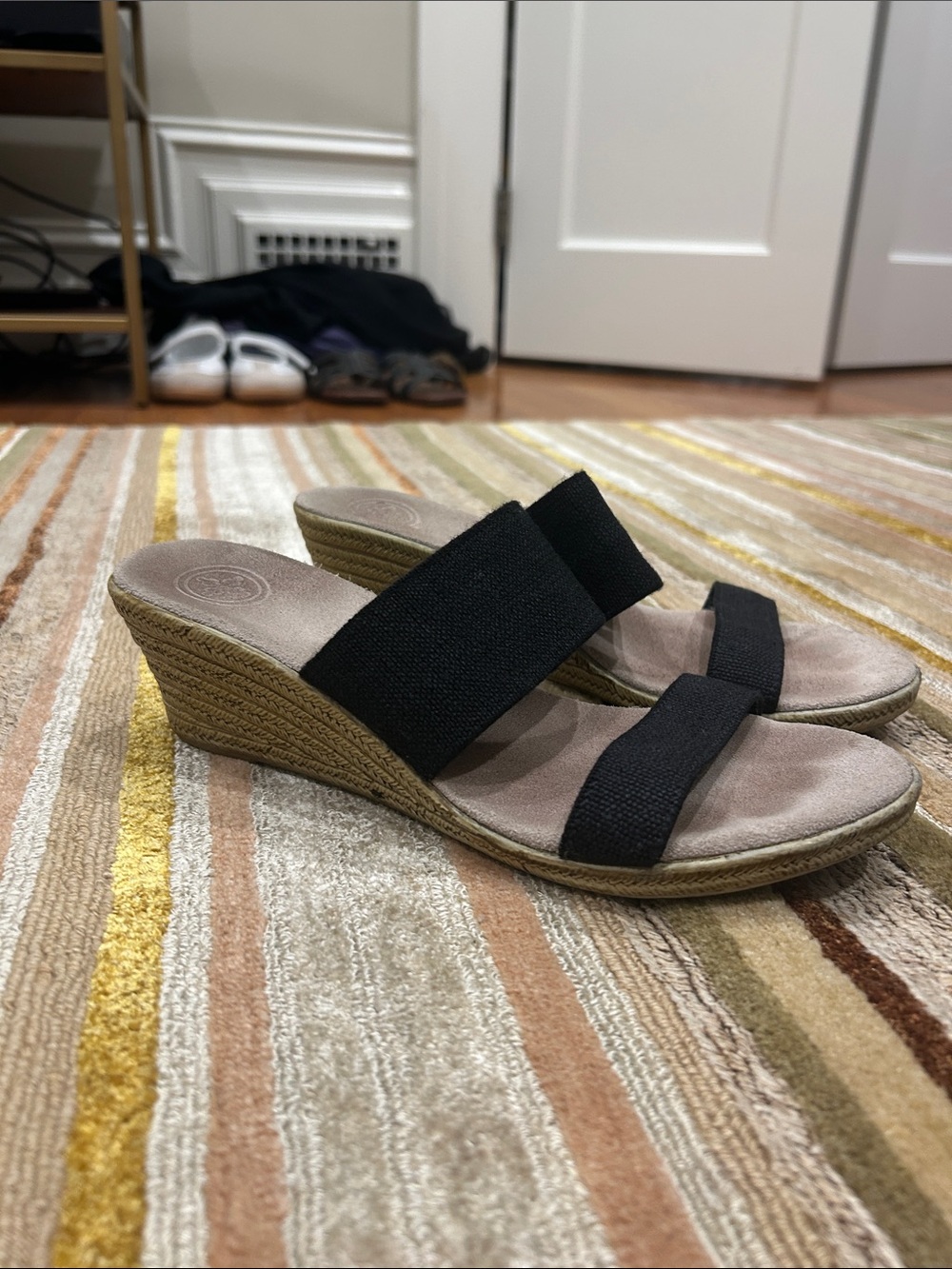Black Elastic Wedge Slide Sandals